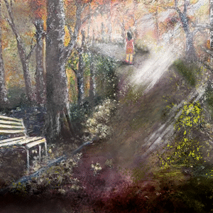 Gone with the Fall original oil painting of an autumn forest path with an empty bench and a woman walking away into the light