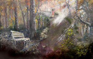 Gone with the Fall original oil painting of an autumn forest path with an empty bench and a woman walking away into the light