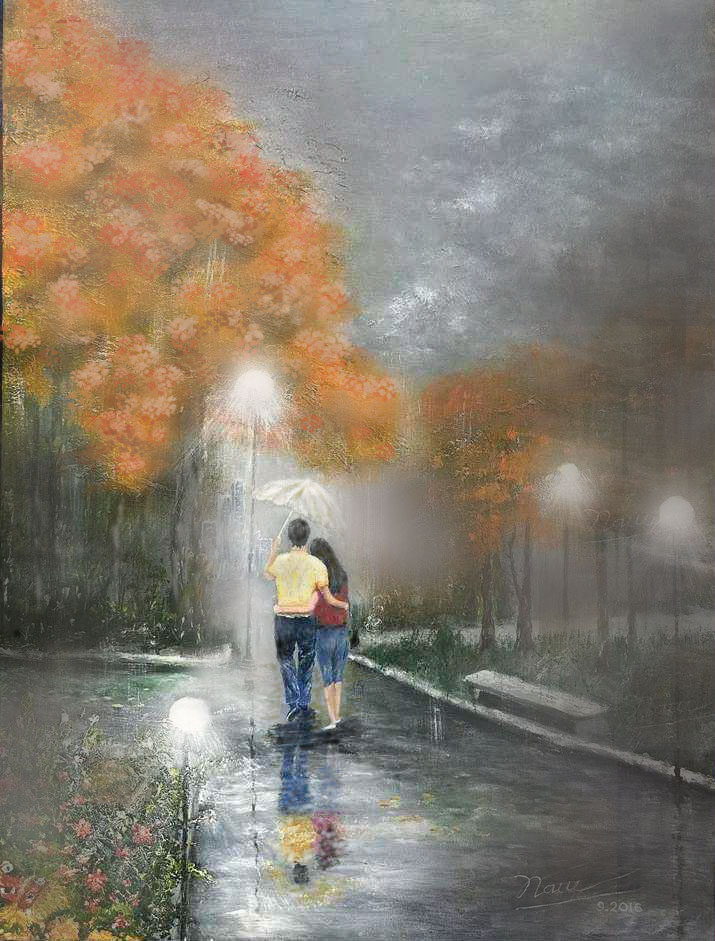 Romantic oil painting “Forever Love” by Nam Hoang showing a couple walking under one umbrella on a rainy autumn evening, with glowing streetlights, orange trees and their reflection on the wet path.