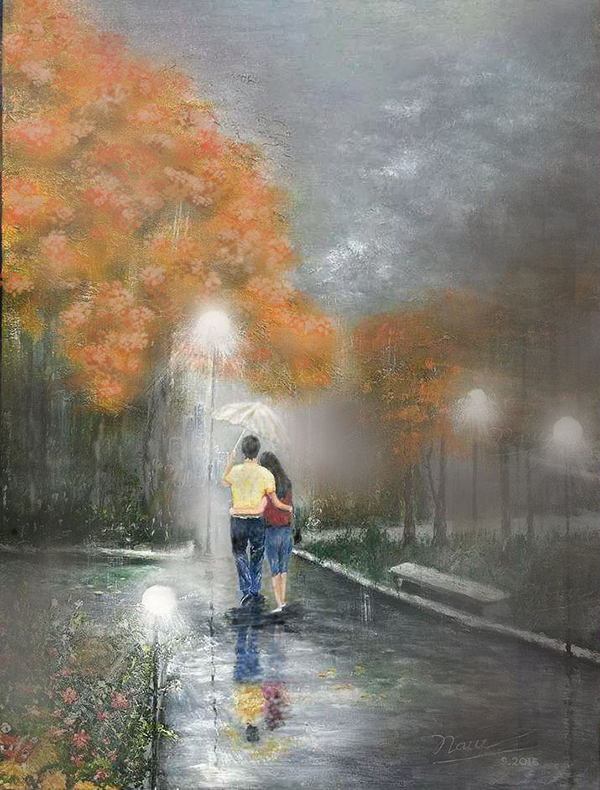 Romantic oil painting “Forever Love” by Nam Hoang showing a couple walking under one umbrella on a rainy autumn evening, with glowing streetlights, orange trees and their reflection on the wet path.