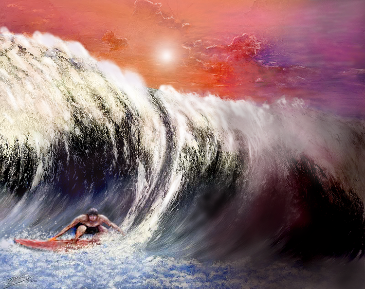 Surfer riding beneath a massive crashing wave at sunset, symbolizing courage and resilience