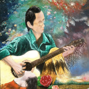 Trịnh Công Sơn playing guitar beside a dreaming girl and roses, inspired by the song “Như Một Lời Chia Tay” (Like a Farewell – Trịnh Công Sơn and the Last Love Song)