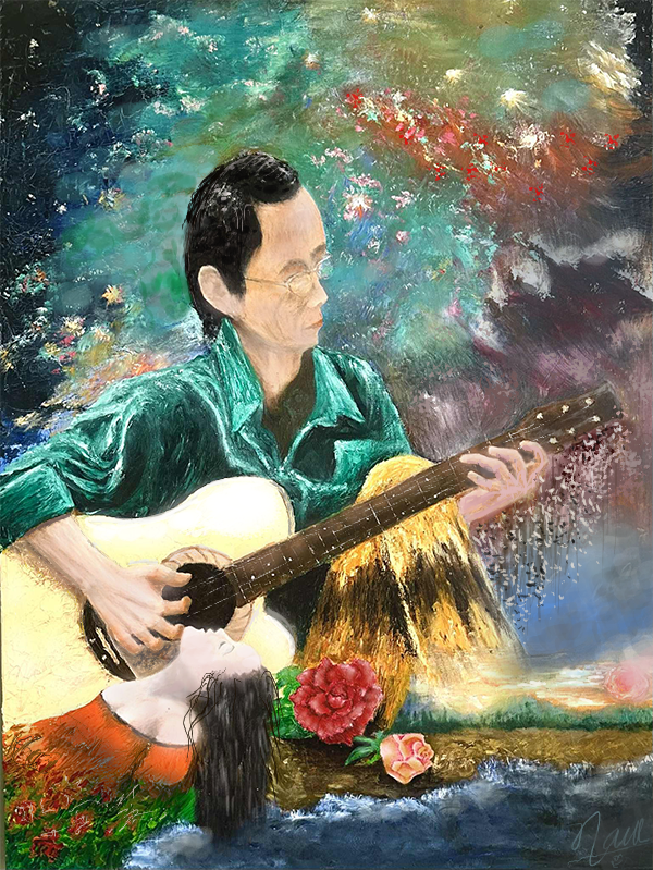Trịnh Công Sơn playing guitar beside a dreaming girl and roses, inspired by the song “Như Một Lời Chia Tay” (Like a Farewell – Trịnh Công Sơn and the Last Love Song)

Tranh sơn dầu vẽ nhạc sĩ Trịnh Công Sơn ôm cây đàn guitar, phía sau là bầu trời vũ trụ rực màu, bên dưới là bóng dáng người con gái nằm nghiêng cùng những đóa hồng bên mép nước. Tác phẩm lấy cảm hứng từ ca khúc “Như Một Lời Chia Tay” (1993), gợi lại cảm giác một lời tạm biệt nhẹ nhàng, như đóa hoa vàng mỏng manh cuối trời.