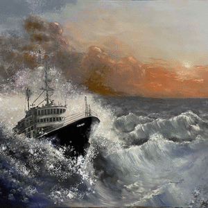 Oil painting of a lone ship in a stormy sea heading toward a warm sunrise, symbolizing faith, courage and overcoming hard times. Tranh sơn dầu vẽ con tàu đơn độc giữa biển động, tiến về phía bình minh ấm áp, biểu tượng của đức tin và nghị lực vượt qua khó khăn.