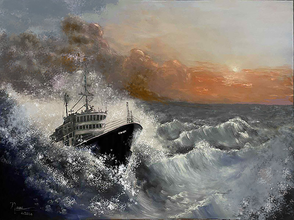 Oil painting of a lone ship in a stormy sea heading toward a warm sunrise, symbolizing faith, courage and overcoming hard times.


