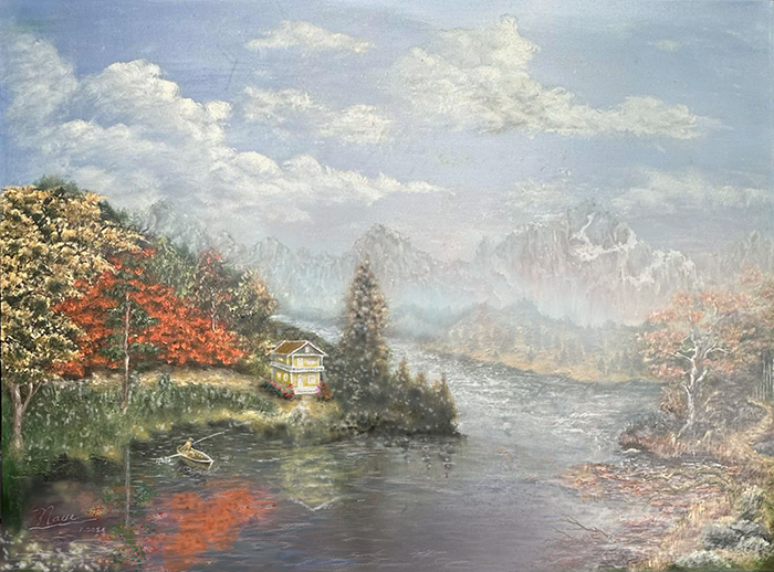 The Peaceful Time – oil painting of a quiet lakeside house, autumn trees and a small fishing boat under soft mountains.
Khoảnh Khắc Bình Yên – tranh sơn dầu ngôi nhà bên hồ yên tĩnh, cây thu và con thuyền câu nhỏ dưới dãy núi xa mờ.