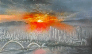 Sunrise Over the Dragon Bridge – original oil painting of Da Nang City skyline with glowing sun, misty buildings and Dragon Bridge reflected on the river, 100 × 60 cm