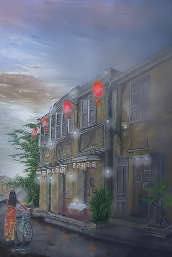 Woman walking a bicycle along a rainy street lined with old yellow houses and red lanterns in the Ancient Town of Hoi An, Vietnam – original oil painting by Nam Hoang.