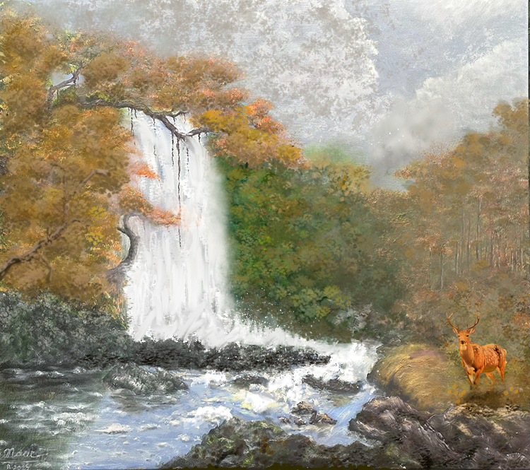 Autumn waterfall painting with golden deer on a hill – “Footsteps on the Golden Leaves” by Nam Hoang