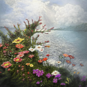 Wild Blossoms Above the Sea – original oil painting of bright wildflowers on a cliff above a sunlit sea, by Nam Hoang