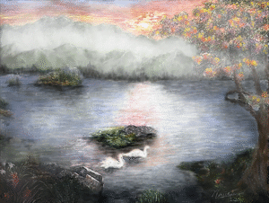 “Under a Peaceful Sky – original oil painting by Nam Hoang of a misty mountain lake at dawn, soft sunrise, flowering tree and two white swans on calm water, 60×80 cm.”
