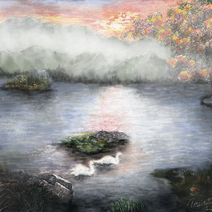 “Under a Peaceful Sky – original oil painting by Nam Hoang of a misty mountain lake at dawn, soft sunrise, flowering tree and two white swans on calm water, 60×80 cm.”