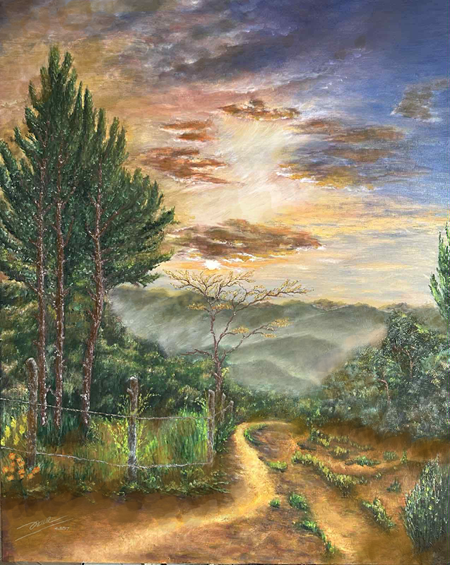 Oil painting of a sunset path through highland fields and trees