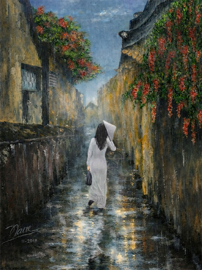 Walking Home After School — Fine Art Print -Oil painting of a Vietnamese woman in a white áo dài walking through a rain-soaked old alley, holding a nón lá, with wet reflections and red bougainvillea.