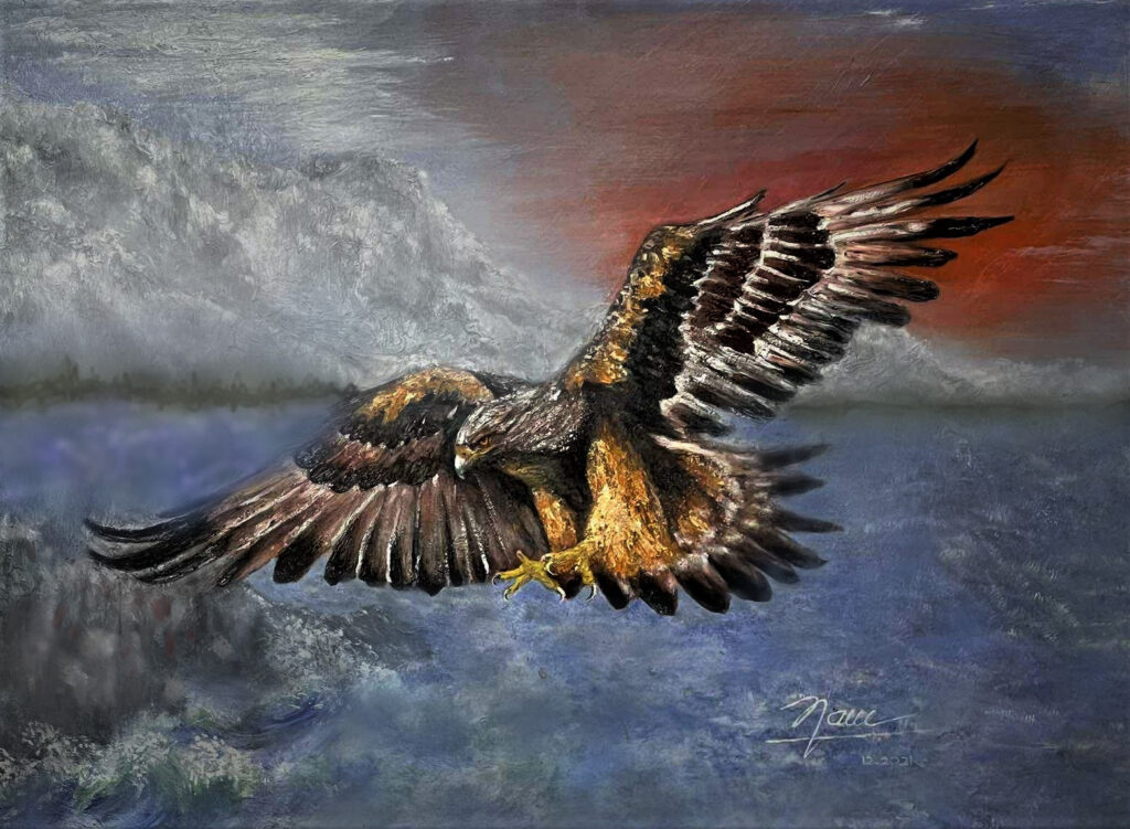 Oil painting of a golden eagle flying against crashing waves and stormy cliffs, symbolizing resilience and determination.