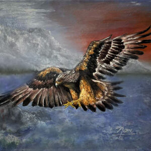 Original oil painting Fight Till the End featuring a powerful eagle in flight against a dramatic sky