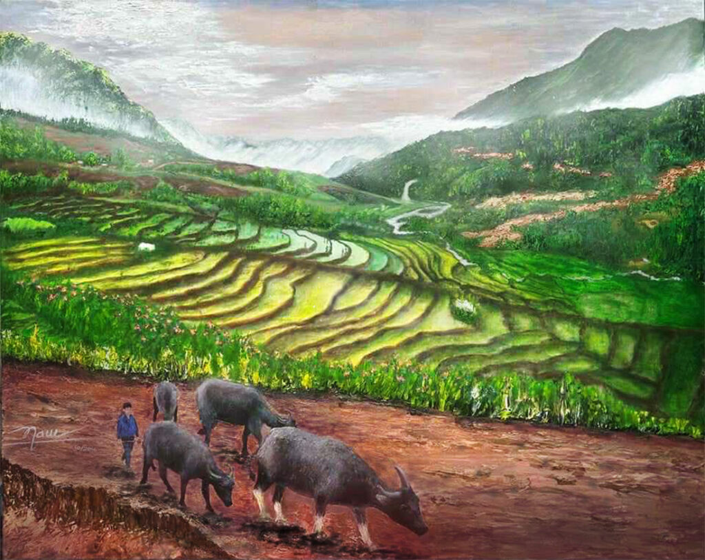 Original oil painting The Path Home at Dusk showing a rural path with water buffaloes and terraced fields in Sa Pa, Vietnam