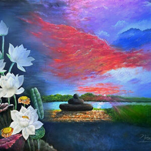 Fine art print Stillness Within featuring lotus flowers, balanced stones, and a calm sunset landscape
