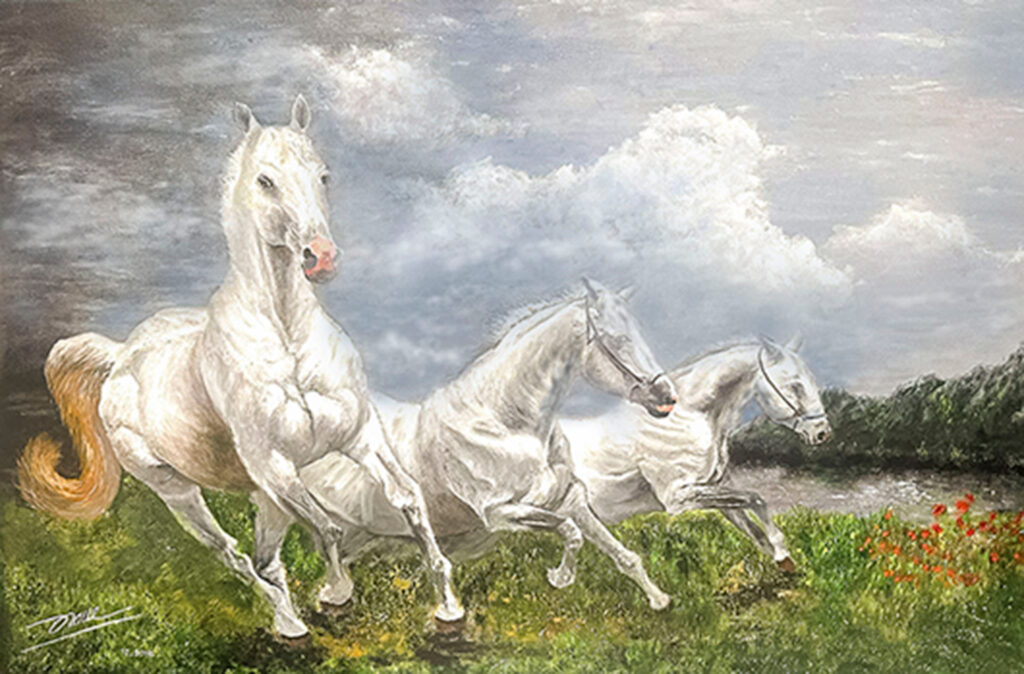 Run Toward the Light, an original oil painting of three white horses running across a green field beneath a dramatic cloudy sky, symbolizing freedom and new beginnings.