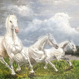 Hopeful oil painting of a figure moving toward bright light across the sea horizon