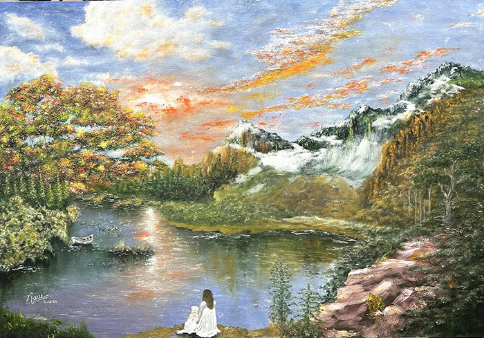 sunrise lake oil painting misty mountains calm water morning light