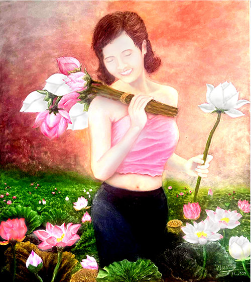 Pure Innocence original oil painting of a young woman holding white lotus flowers