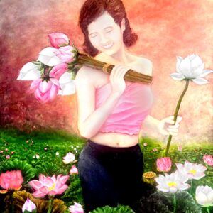 Timeless fine art print Pure Innocence featuring a serene woman in a lotus garden