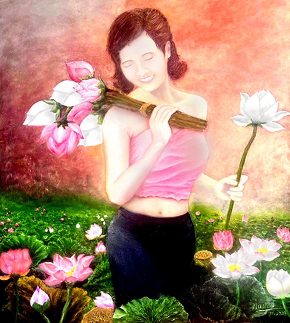 Pure Innocence original oil painting of a young woman holding white lotus flowers