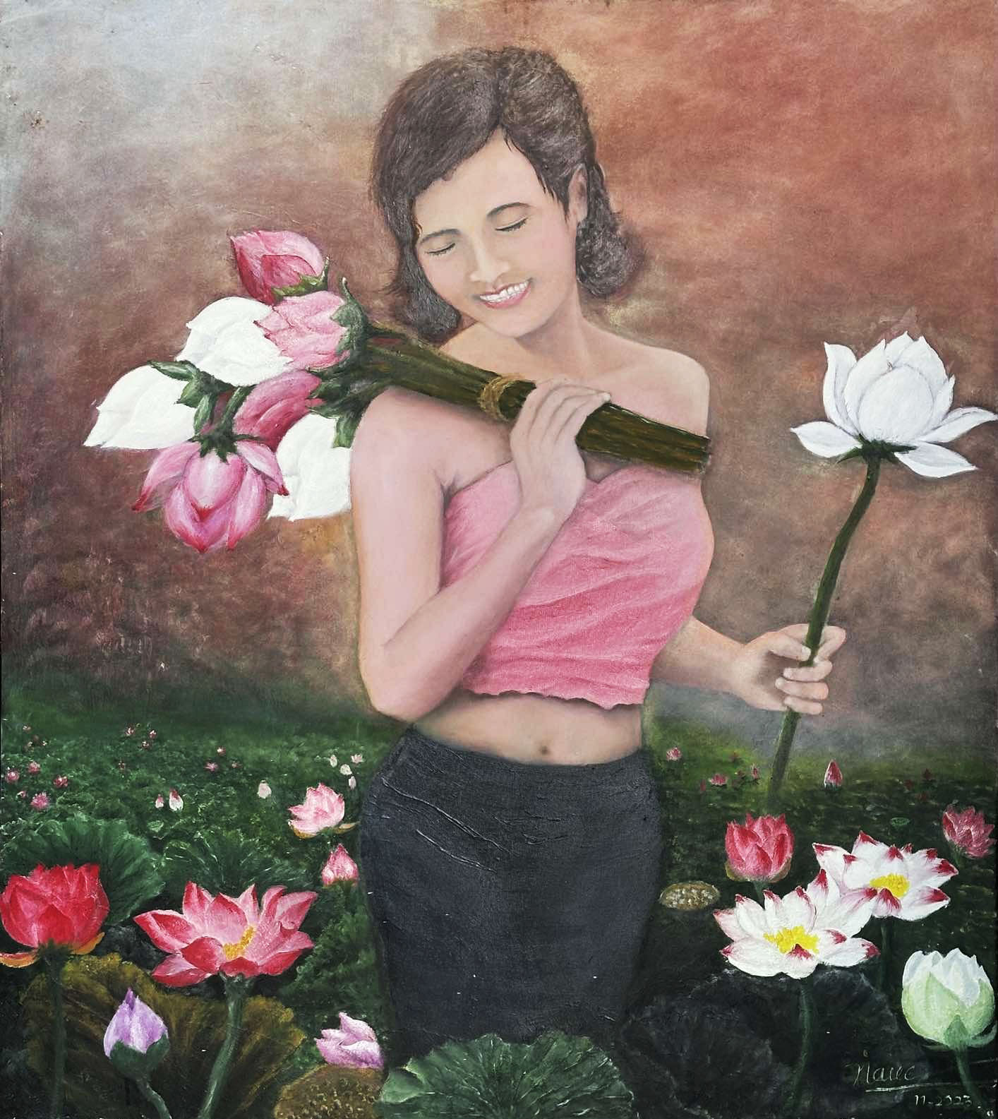 Timeless fine art print Pure Innocence featuring a serene woman in a lotus garden