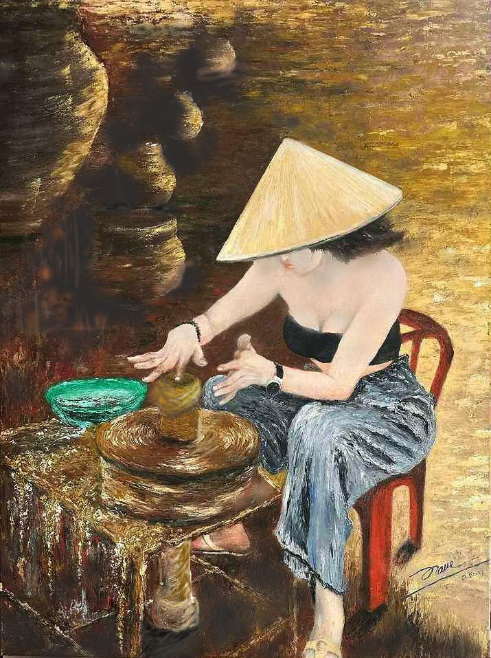 Original oil painting “Clay Dreams in Thanh Ha Pottery Village, Hoi An” – young woman at the potter’s wheel in a Vietnamese pottery village.