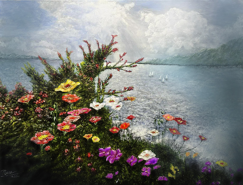 Wild Blossoms Above the Sea – original oil painting of bright wildflowers on a cliff above a sunlit sea, by Nam Hoang